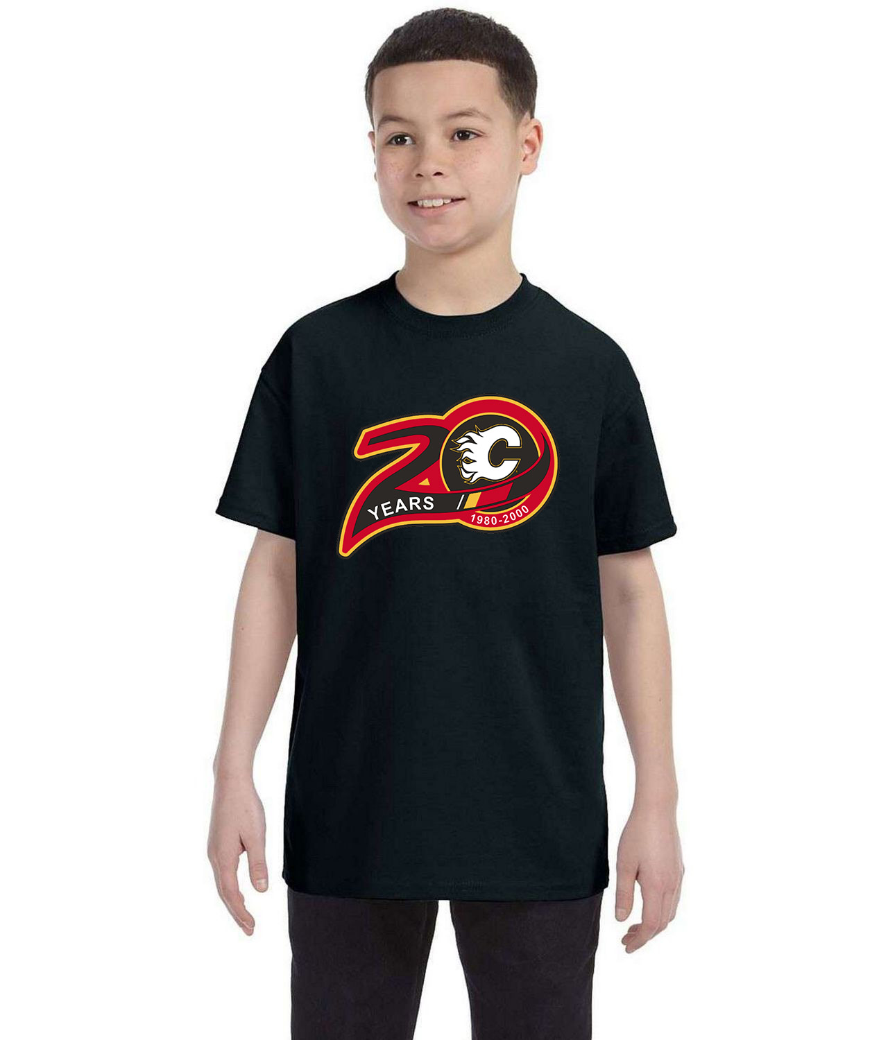 Calgary Flames 20th Anniversary Hockey Logo Symbol Emblem Customized Design on Youth T-Shirt Tee