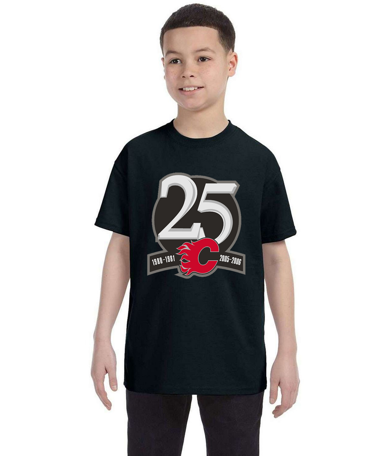 Calgary Flames 25th Anniversary Hockey Logo Symbol Emblem Customized Design on Youth T-Shirt Tee