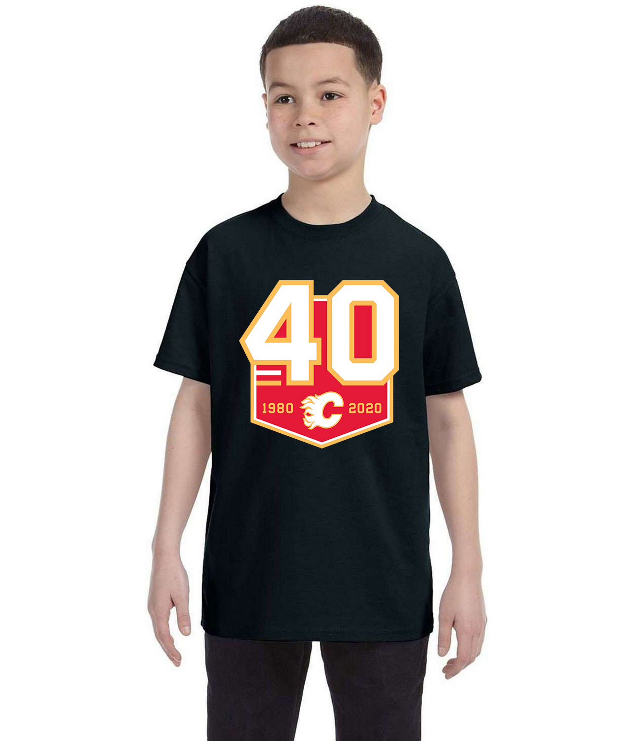 Calgary Flames 40th Anniversary Hockey Logo Symbol Emblem Customized Design on Youth T-Shirt Tee