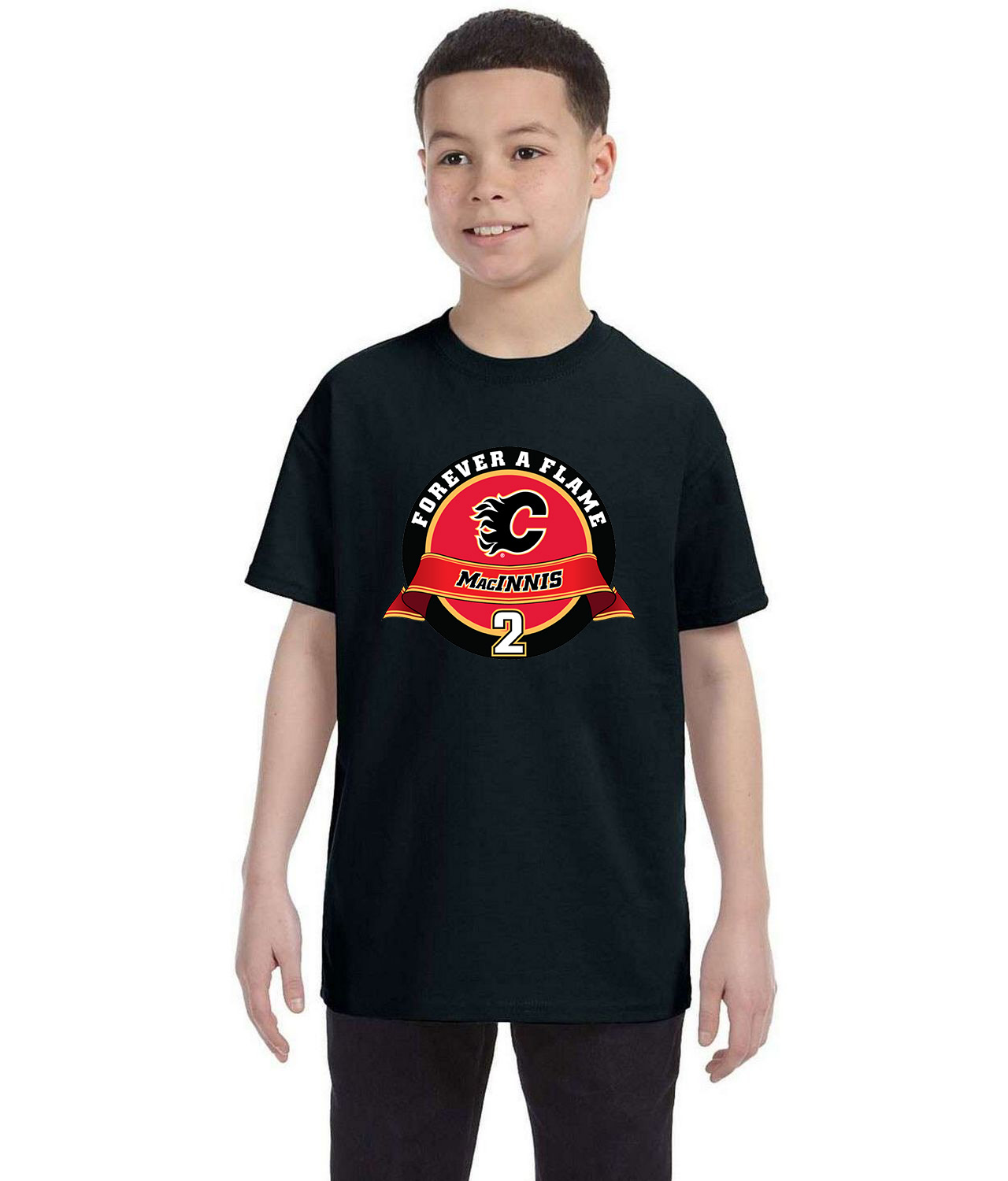 Al MacInnis Forever A Flame 2011-12 Calgary Flames Hockey Logo Symbol Emblem Customized Design on Youth T-Shirt Tee