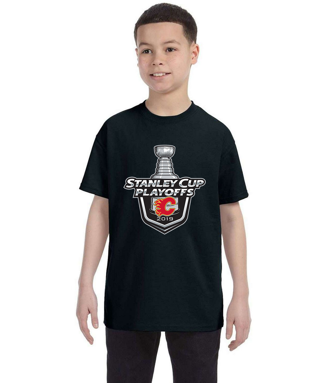 Calgary Flames 2019 Stanley Cup Playoffs Hockey Logo Symbol Emblem Customized Design on Youth T-Shirt Tee