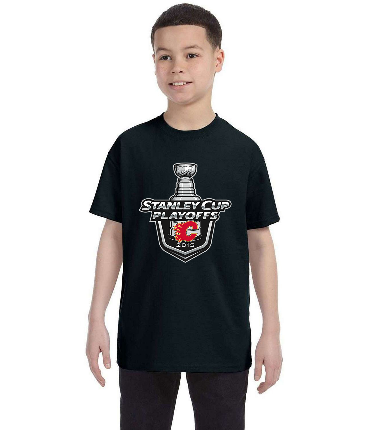 Calgary Flames 2015 Stanley Cup Playoffs Hockey Logo Symbol Emblem Customized Design on Youth T-Shirt Tee
