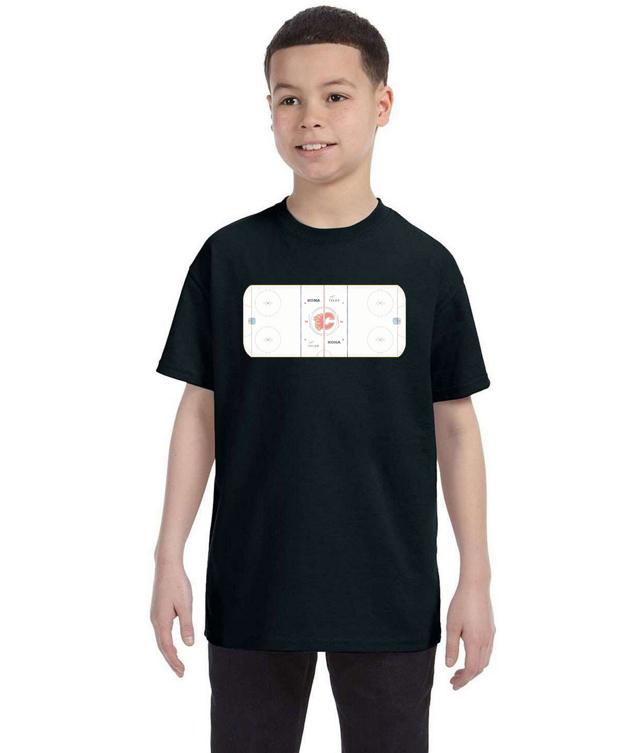 Calgary Flames Scotiabank Saddledome Playing Ice Surface Hockey Logo Symbol Emblem Customized Design on Youth T-Shirt Tee