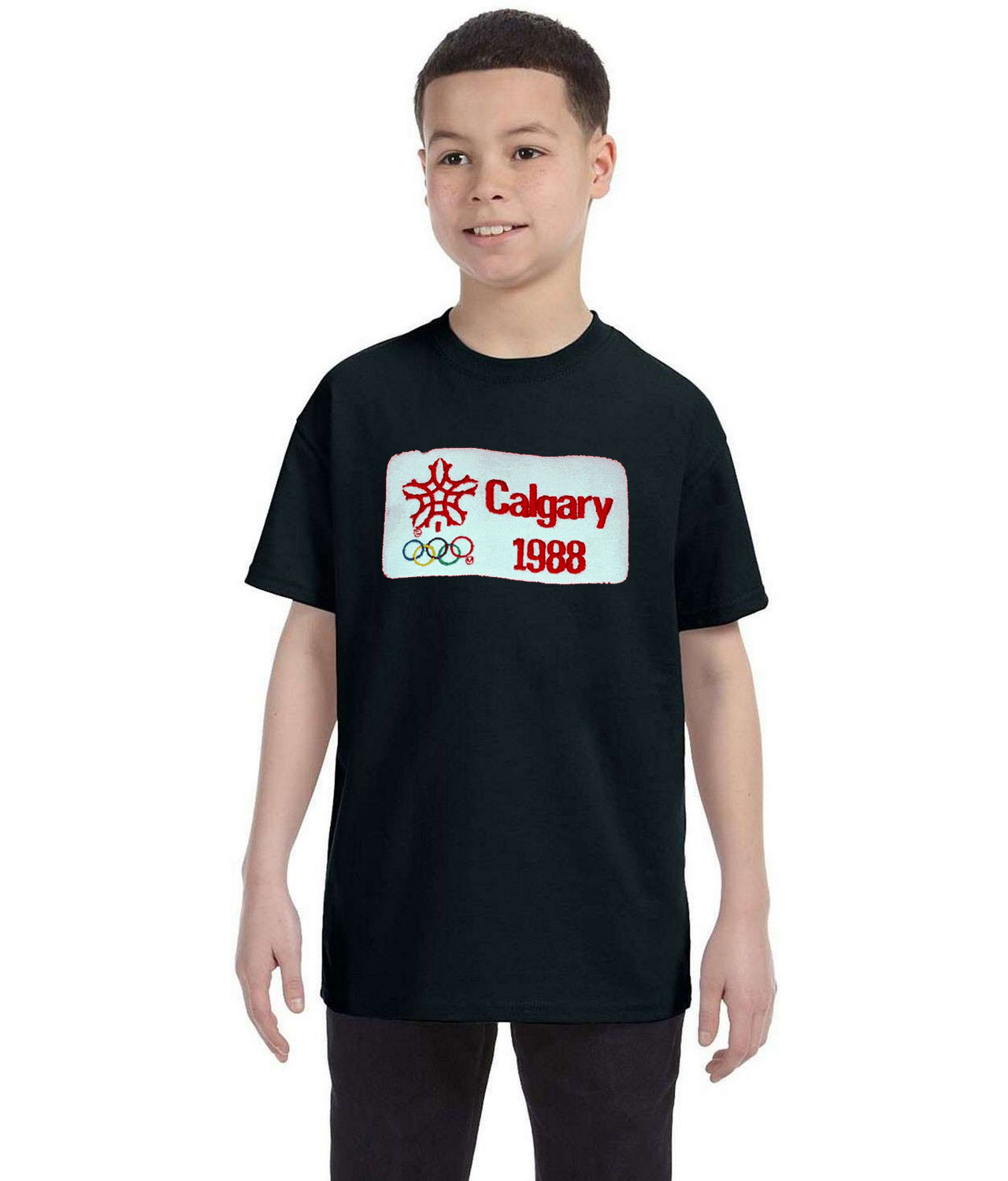 1988 Winter Olympics In Calgary - Calgary Flames Hockey Logo Symbol Emblem Customized Design on Youth T-Shirt Tee