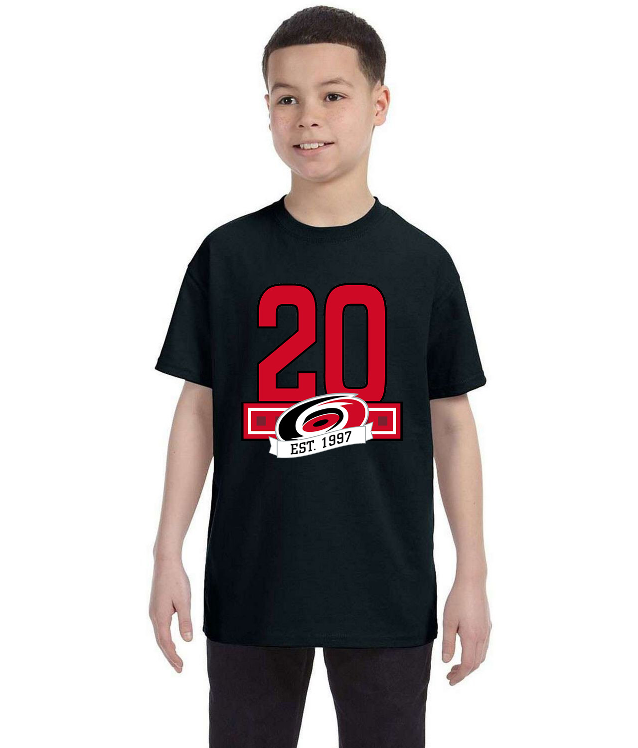 20th Anniversary Of The Carolina Hurricanes Hockey Logo Symbol Emblem Customized Design on Youth T-Shirt Tee
