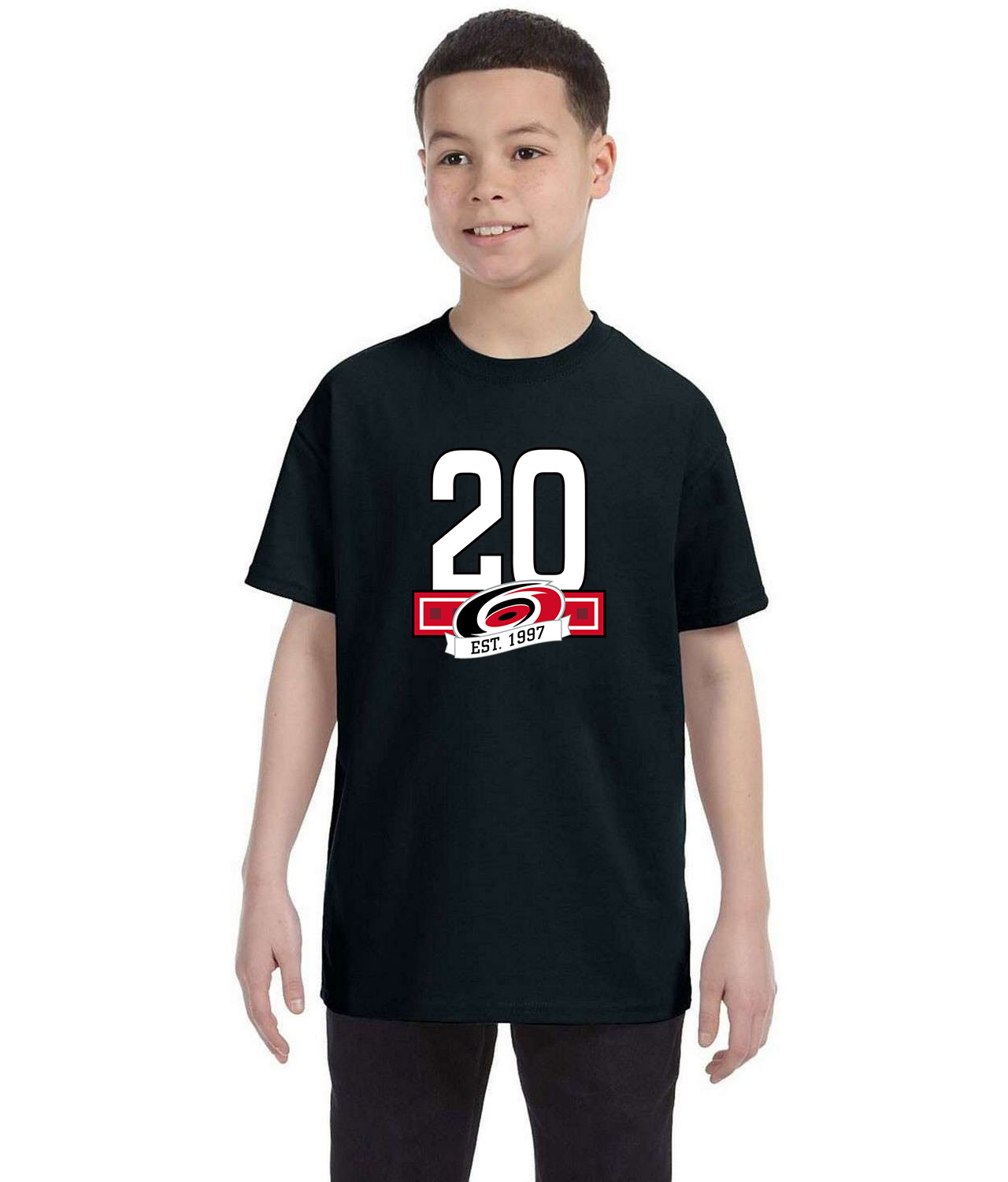 20th Anniversary Of The Carolina Hurricanes White Hockey Logo Symbol Emblem Customized Design on Youth T-Shirt Tee