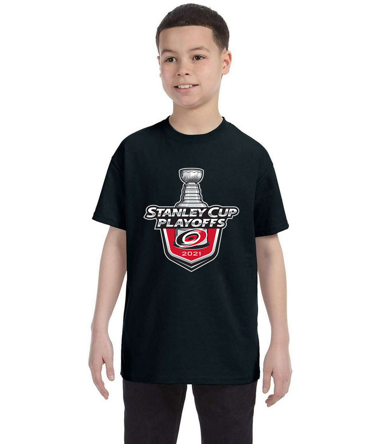 The Carolina Hurricanes 2021 Stanley Cup Playoffs Hockey Logo Symbol Emblem Customized Design on Youth T-Shirt Tee