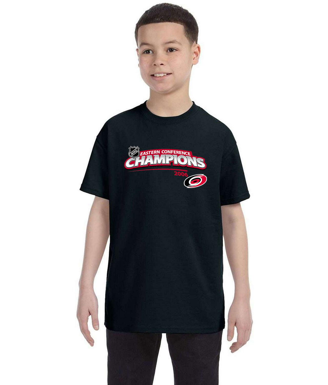 Carolina Hurricanes 2006 Eastern Conference Champions Script Hockey Logo Symbol Emblem Customized Design on Youth T-Shirt Tee