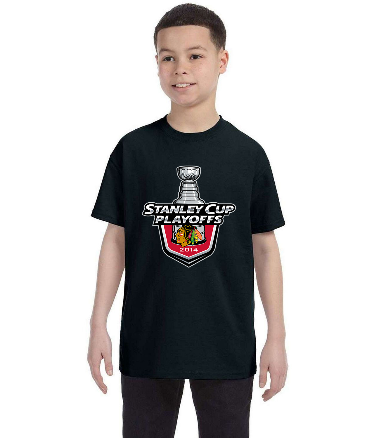 2014 Stanley Cup Playoffs - Chicago Blackhawks Hockey Logo Symbol Emblem Customized Design on Youth T-Shirt Tee