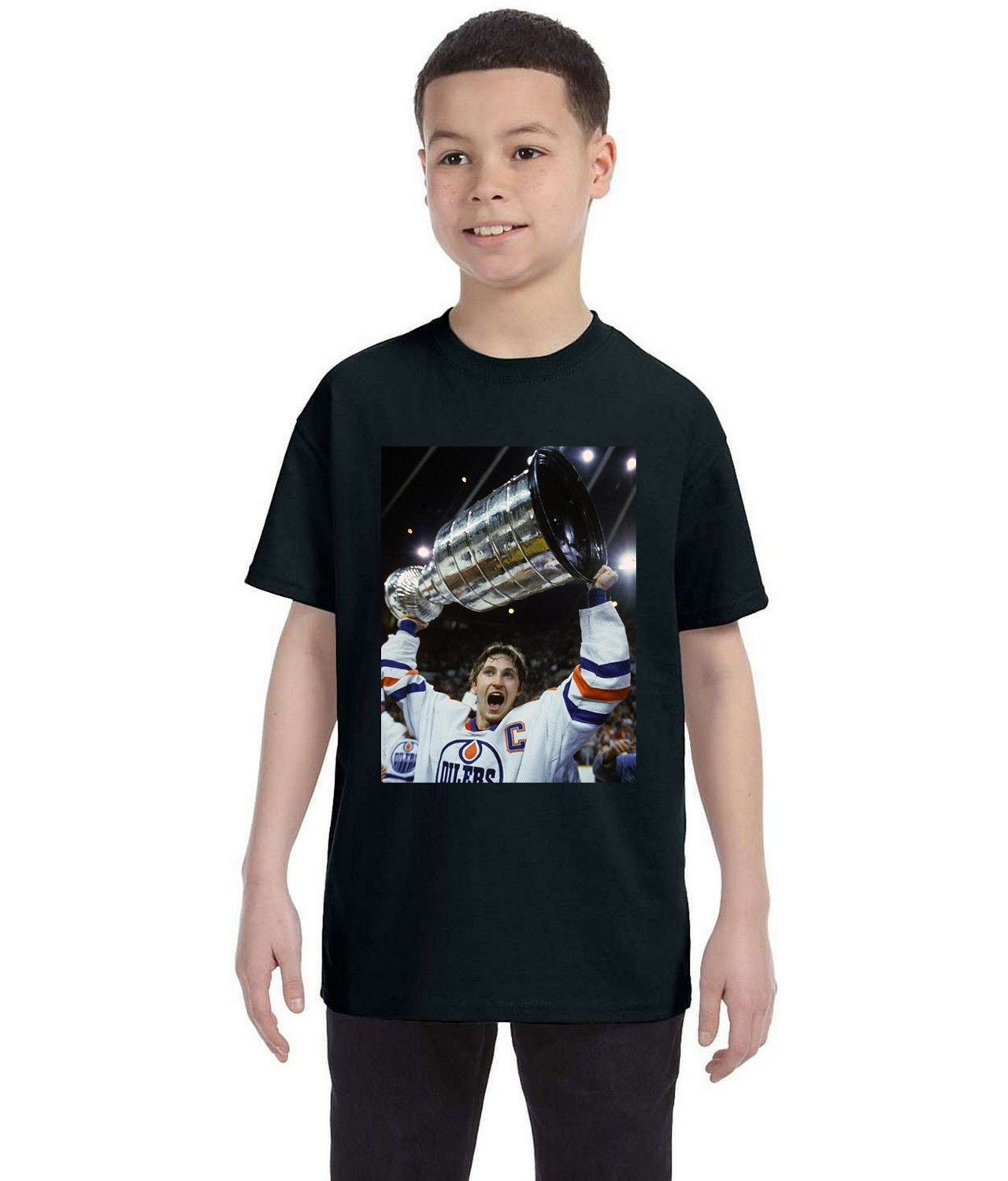 1983 Edmonton Oilers Photo Hockey Logo Symbol Emblem Customized Design on Youth T-Shirt Tee