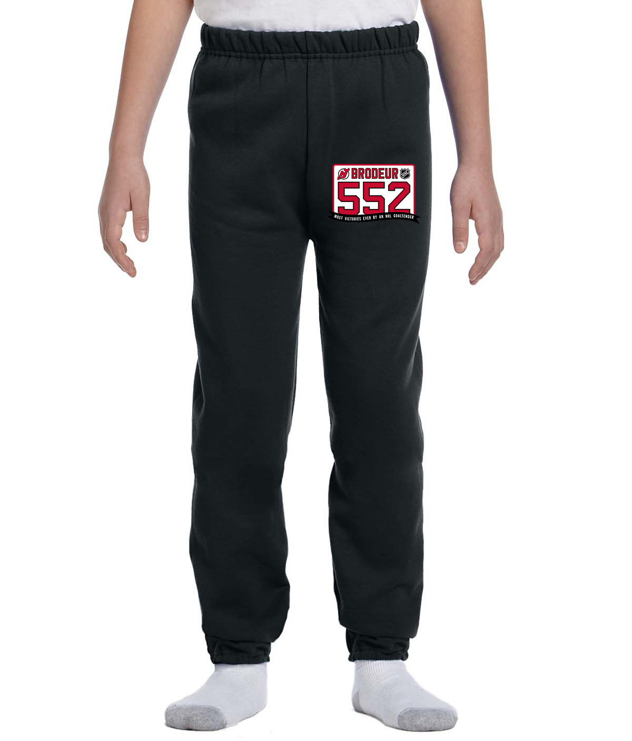 New Jersey Devils Goaltender Martin Brodeur's 552nd NHL Hockey Logo Symbol Emblem Customized Design on Youth Closed-Bottom Sweatpants