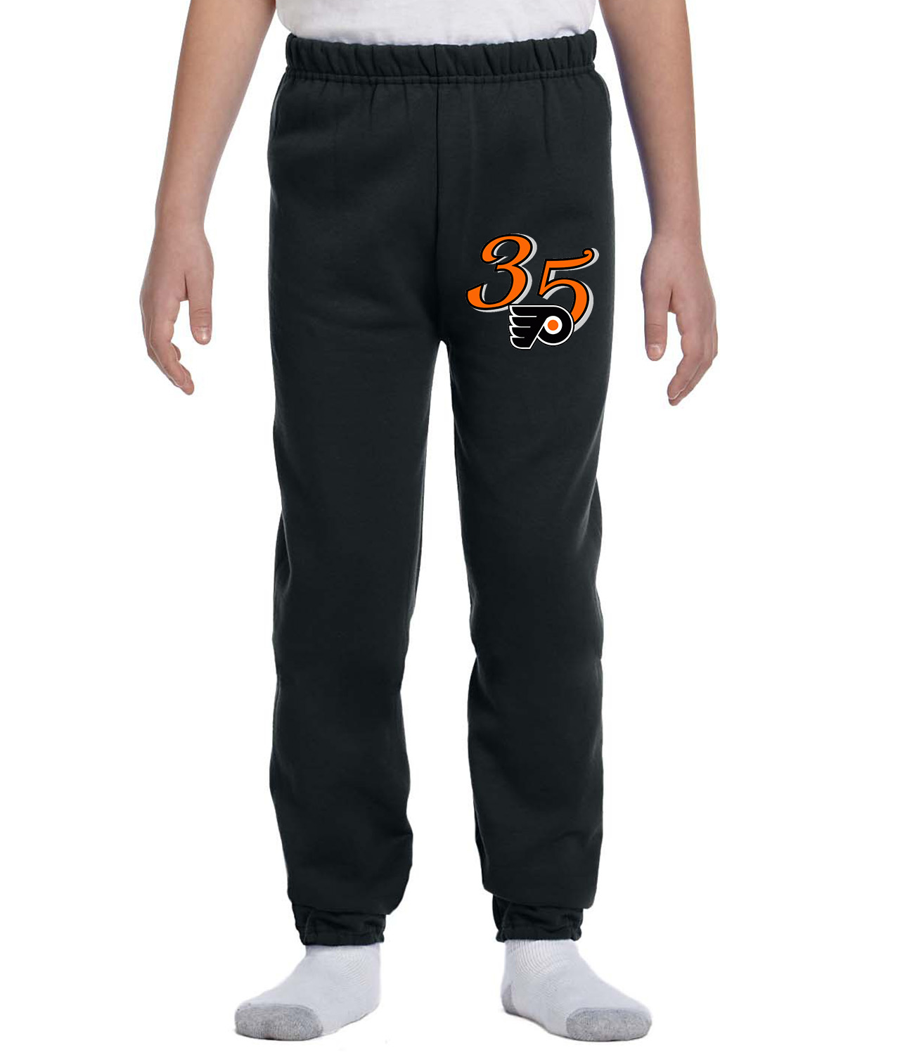 Philadelphia Flyers 35th Anniversary Hockey Logo Symbol Emblem Customized Design on Youth Closed-Bottom Sweatpants