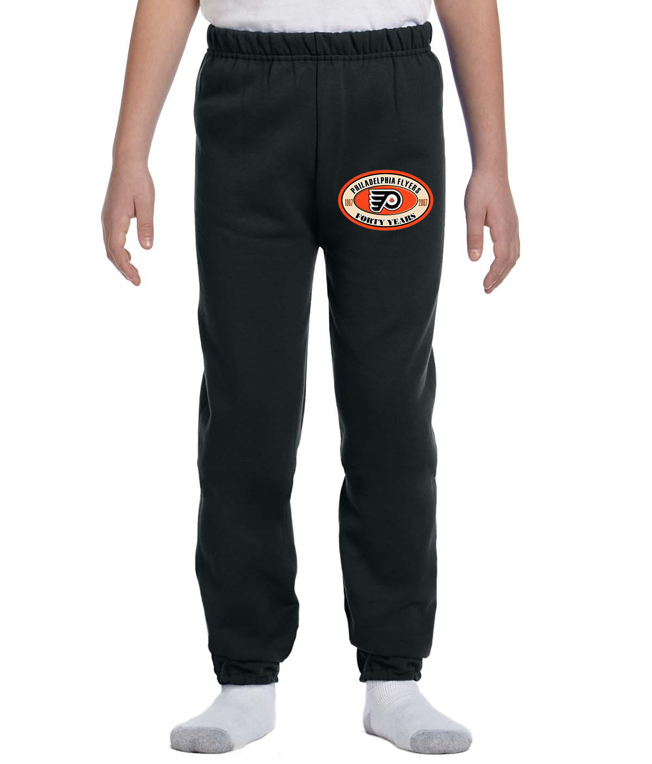 Philadelphia Flyers 40th Anniversary Hockey Logo Symbol Emblem Customized Design on Youth Closed-Bottom Sweatpants