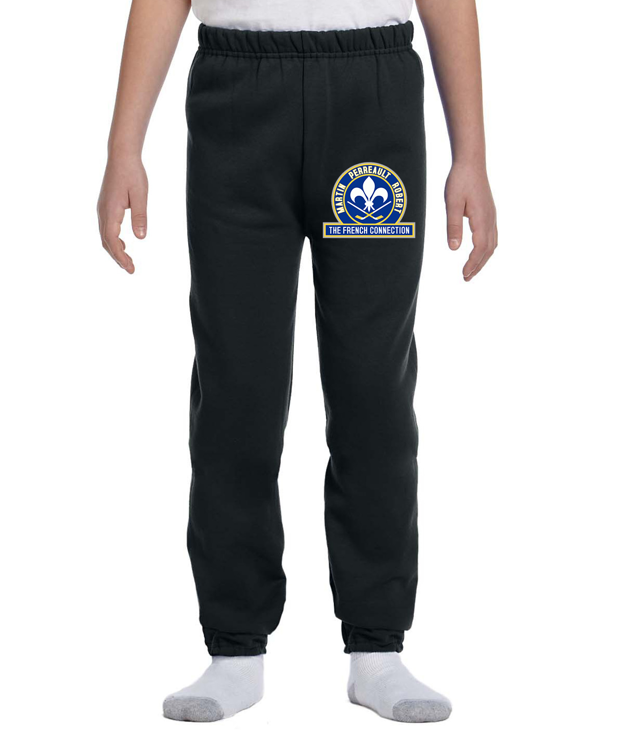 Buffalo Sabres The French Connection Hockey Logo Symbol Emblem Customized Design on Youth Closed-Bottom Sweatpants