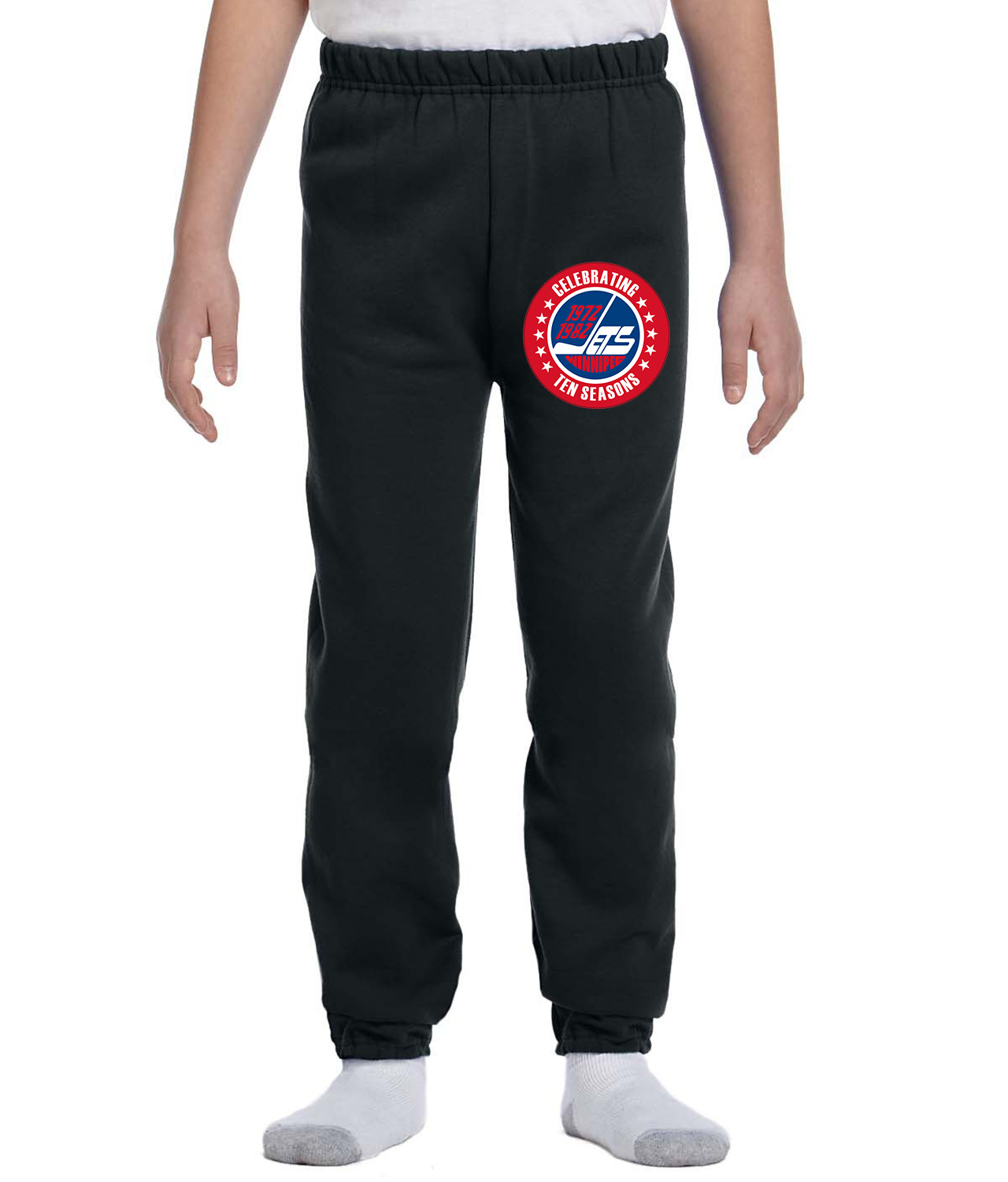 Winnipeg Jets 10th Anniversary Hockey Logo Symbol Emblem Customized Design on Youth Closed-Bottom Sweatpants