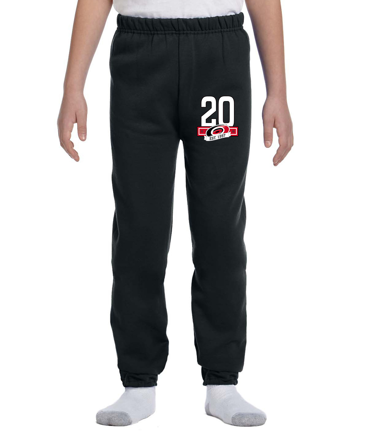 20th Anniversary Of The Carolina Hurricanes White Hockey Logo Symbol Emblem Customized Design on Youth Closed-Bottom Sweatpants
