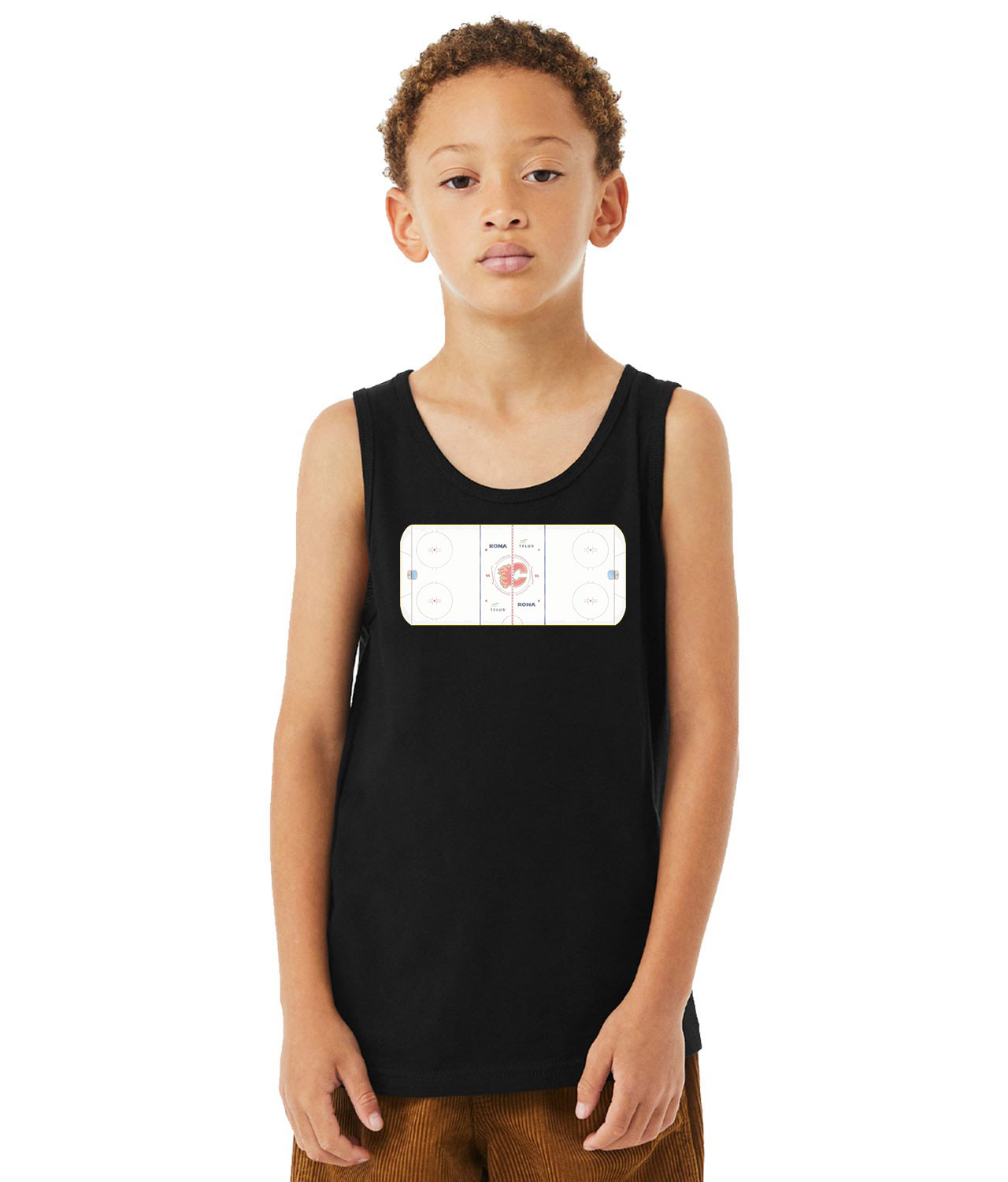 Calgary Flames Scotiabank Saddledome Playing Ice Surface Hockey Logo Symbol Emblem Customized Design on Youth Tank Top