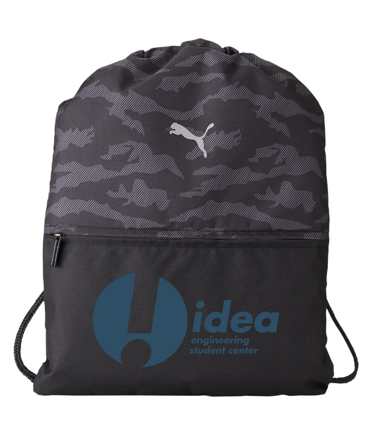 Idea Engineering Student Center Logo Symbol Emblem Customized Design on Camo Drawstring Backpack Bag