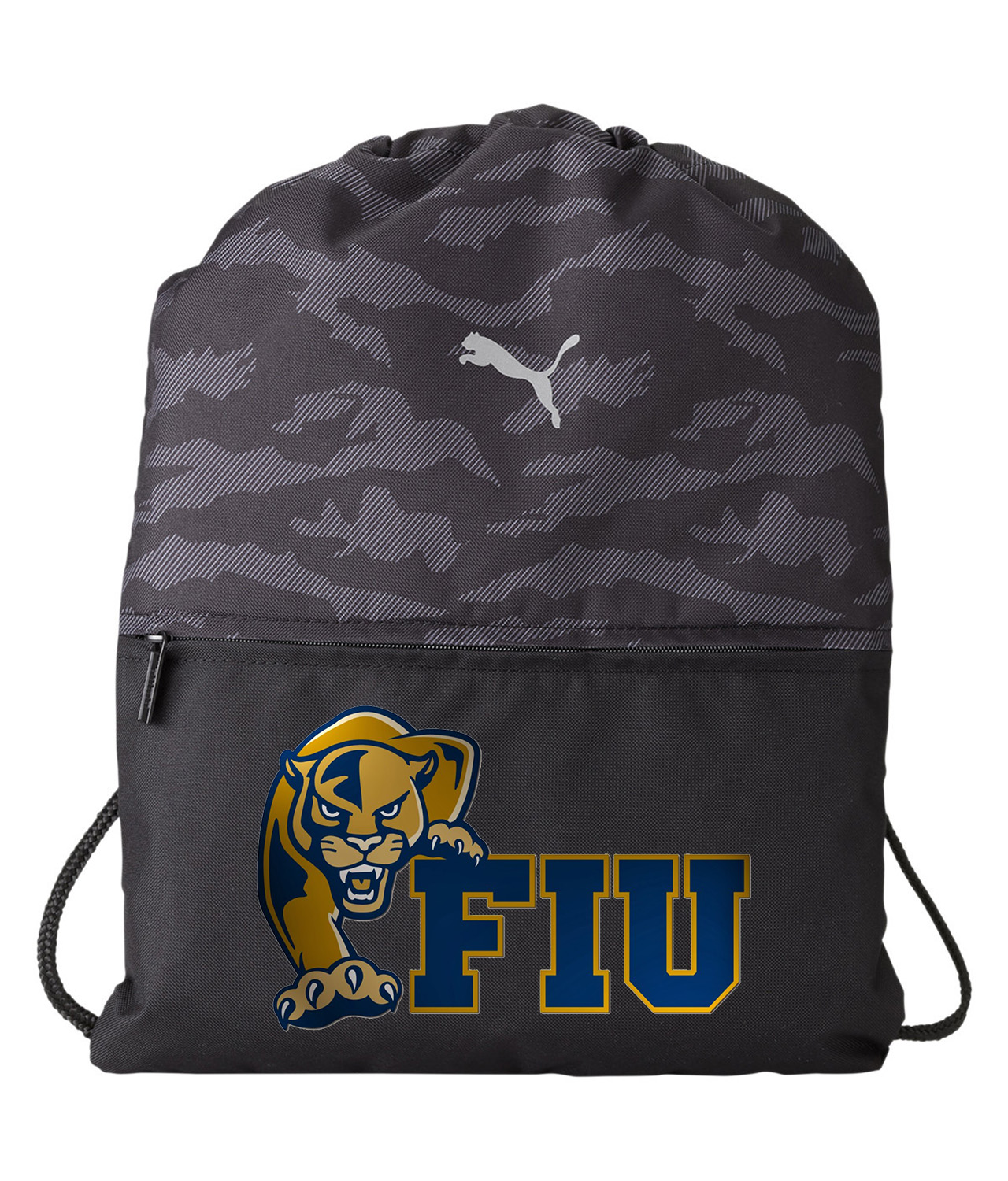 Florida International University FIU Panthers Logo Symbol Emblem Customized Design on Camo Drawstring Backpack Bag