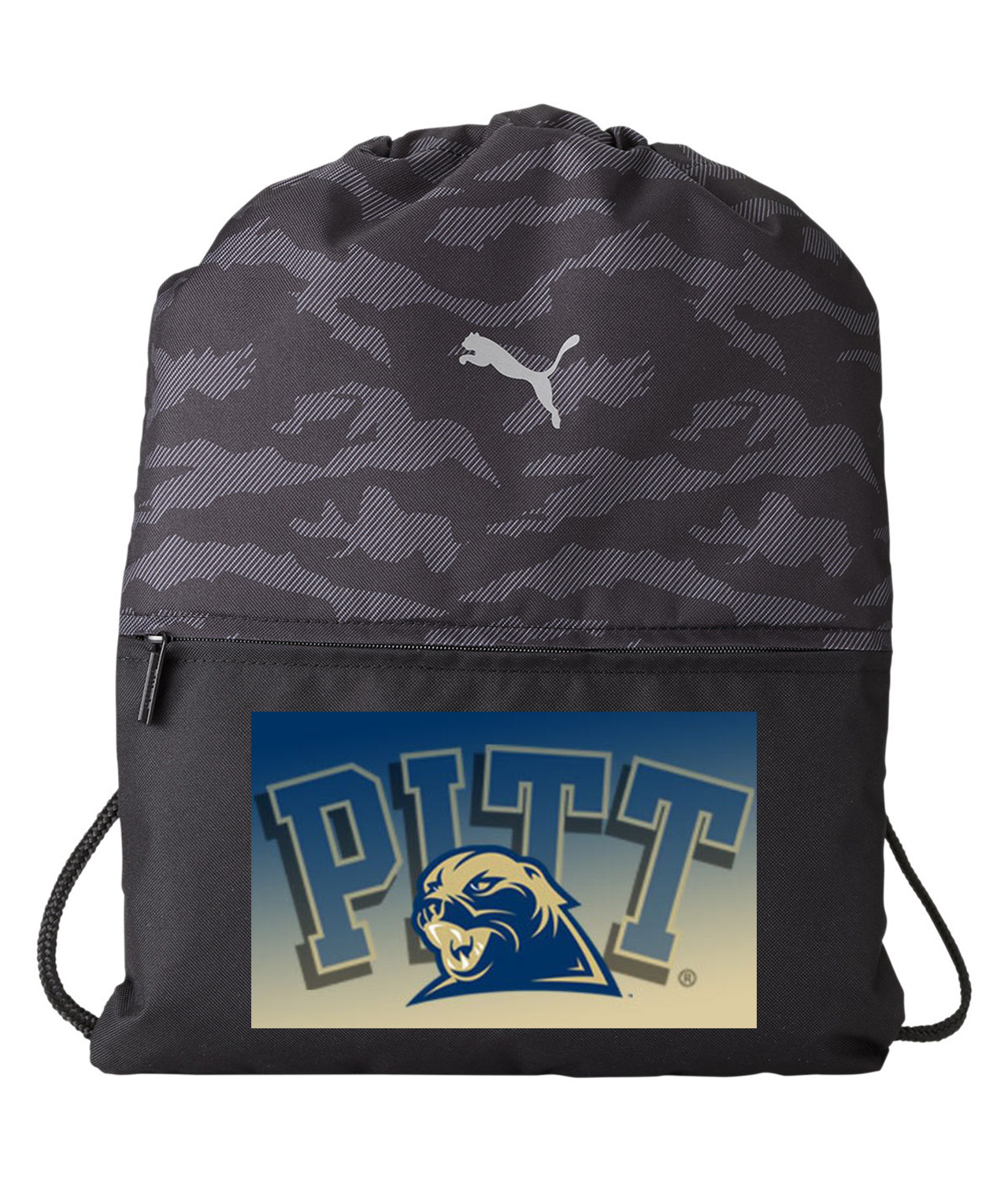University of Pittsburgh Panthers Logo Symbol Emblem Customized Design on Camo Drawstring Backpack Bag