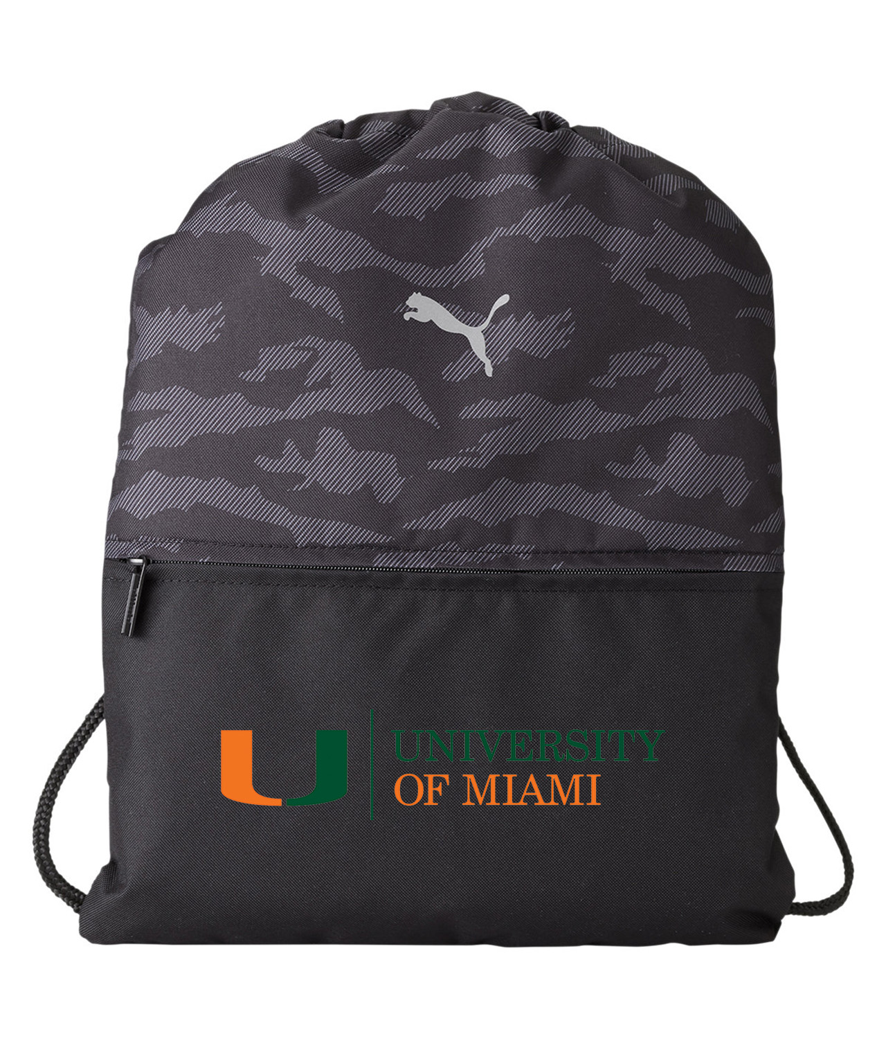 University of Miami Logo Symbol Emblem Customized Design on Camo Drawstring Backpack Bag