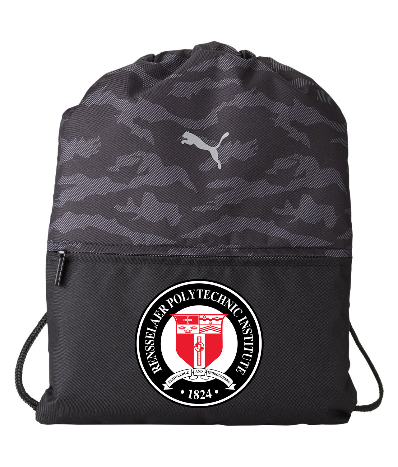 Rensselaer Polytechnic Institute (RPI) Logo Symbol Emblem Customized Design on Camo Drawstring Backpack Bag
