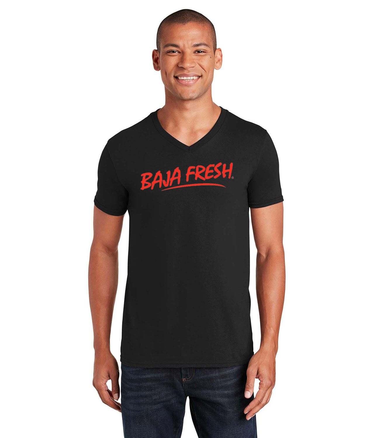 Baja Fresh 2012 Mexican Food Grill Restaurant Logo Symbol Emblem Customized Design on Unisex V-Neck T-Shirt Tee