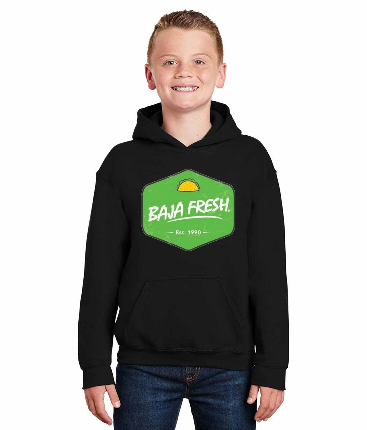 Baja Fresh Mexican Food Grill Restaurant Logo Symbol Emblem Customized Design on Youth Hoodie